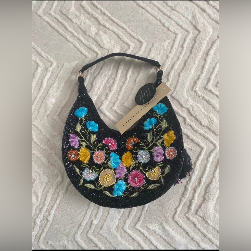 🌺Handmade in India Tropical Floral Beaded Shoulder Bag- Black Multicolor